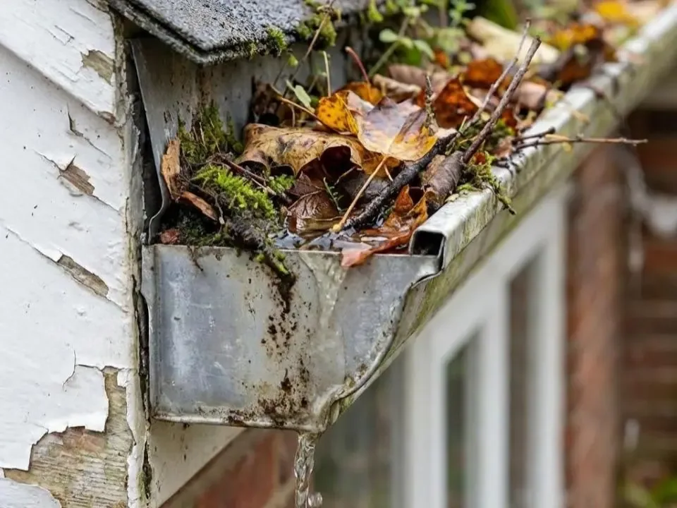 Blocked gutter causing damp to a UK property wall