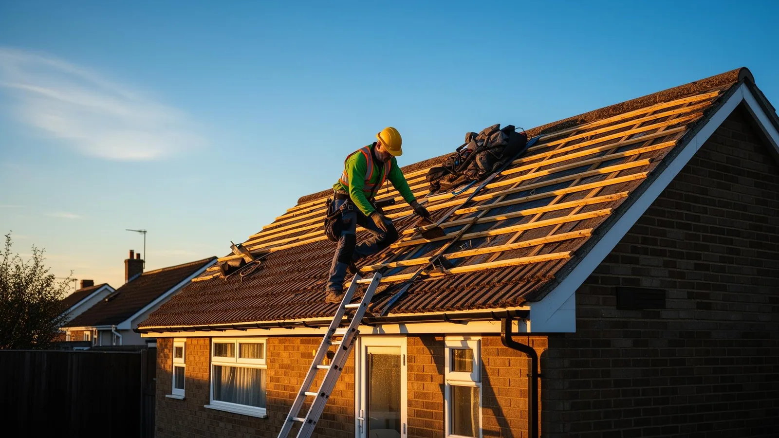 Roofer working on a new tiled roof on a UK house