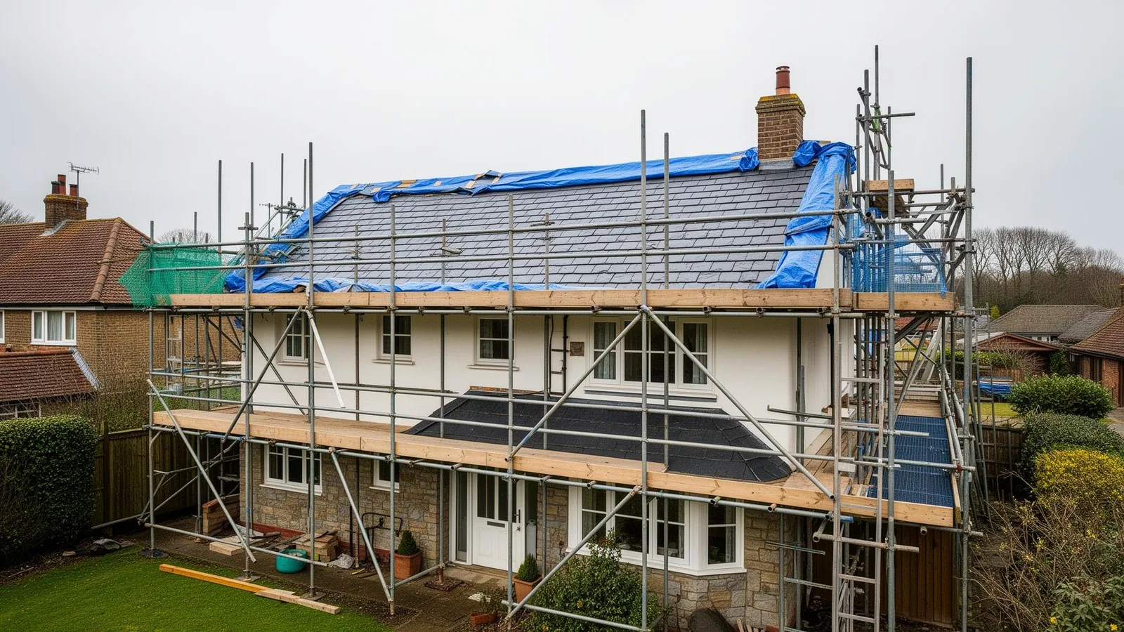 Scaffolded British house during a full roof replacement