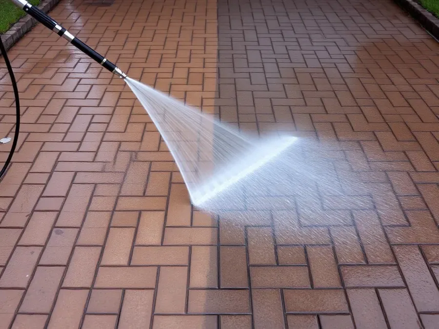 Block paving driveway being jet washed clean